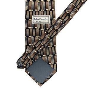 John Clarendon Silk Tie Brown Gold Geometric Pattern USA 59.5x4